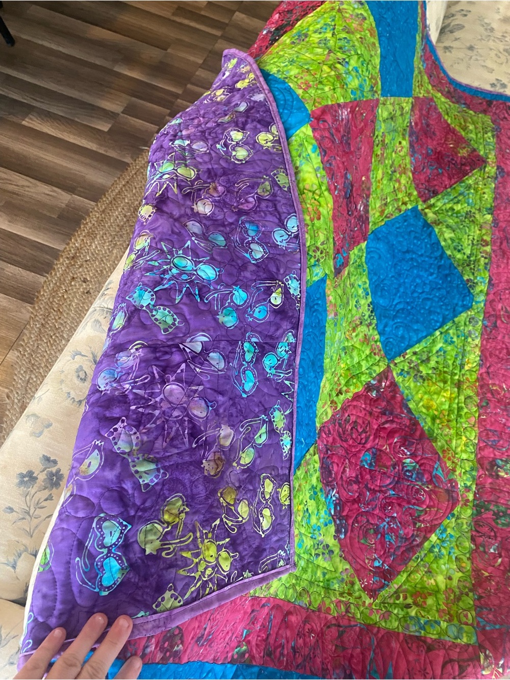 Colorful Handmade Patchwork Quilt - Bright Purple, Green, Blue & Pink